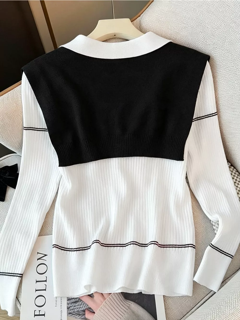 Ribbed Knit Top with Contrast Shawl, image 8