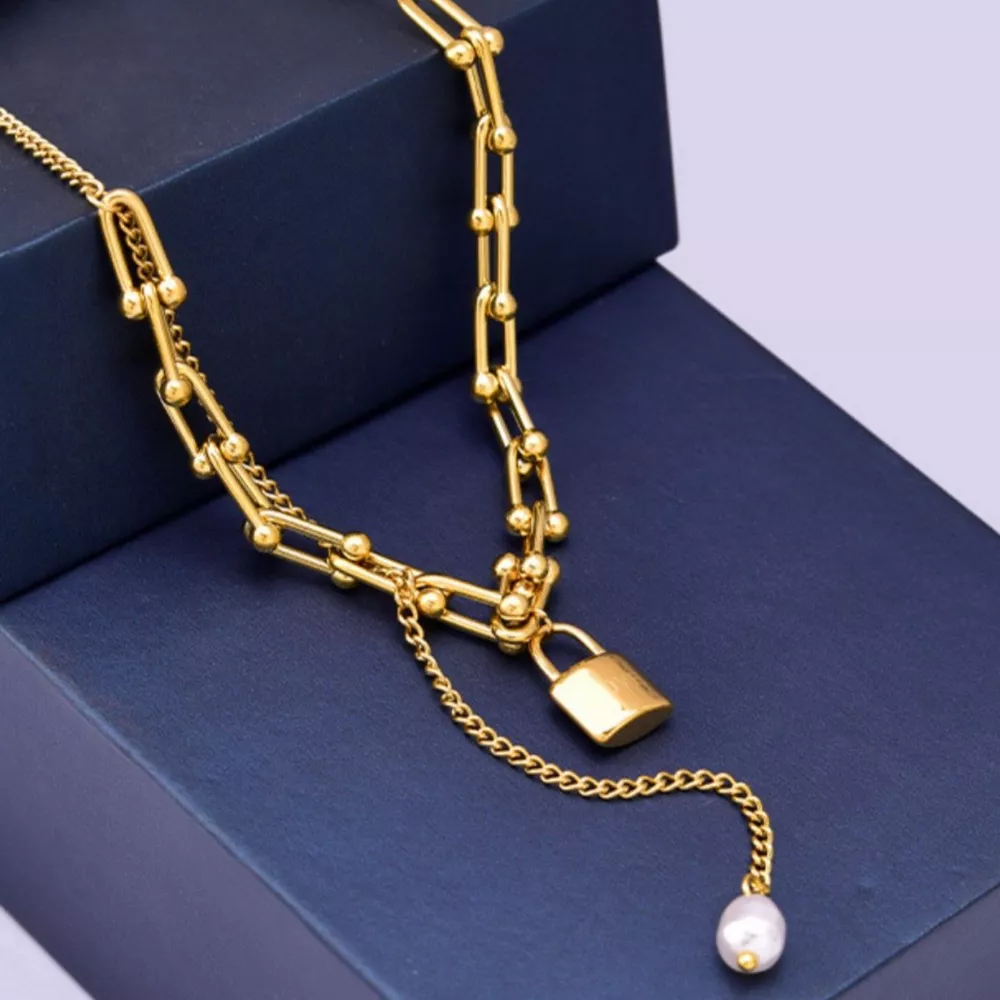 18K Gold-Plated Lock Pendant Necklace, image 3