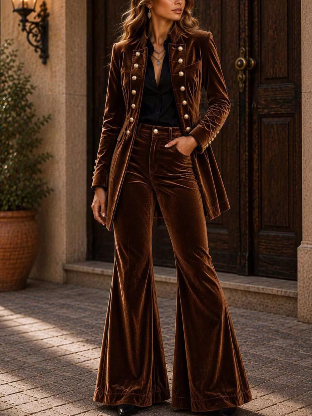 Velvet Double-Breasted Blazer and Flare Pants Set, image 3