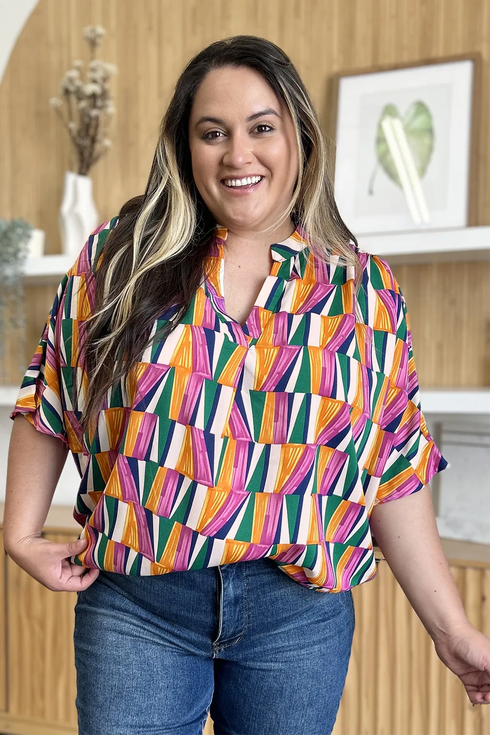 Full Size Geometric Notched Dolman Sleeve Top, image 12