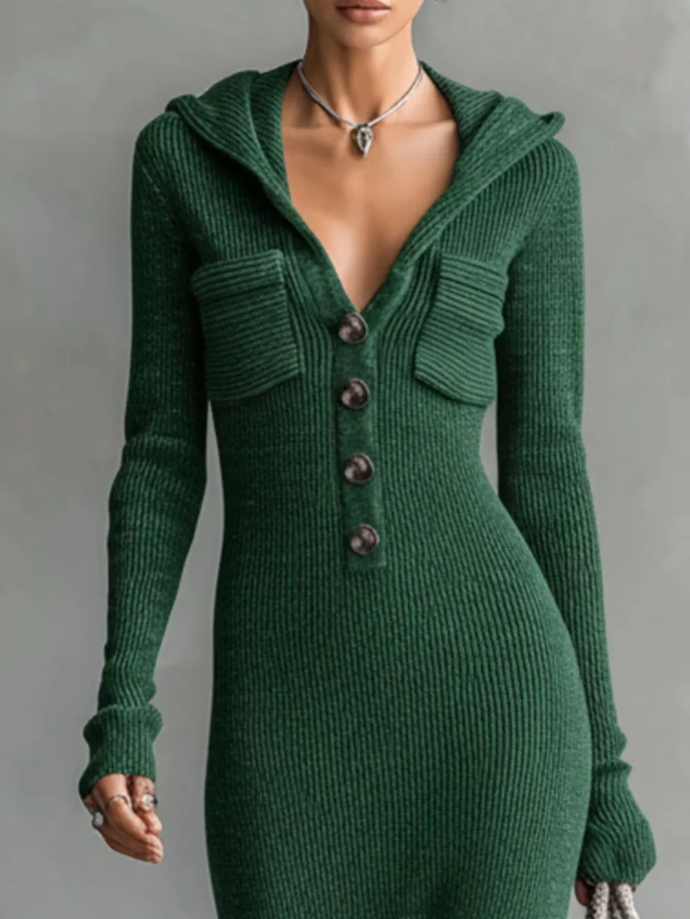 Hooded Knit Maxi Dress with Button-Up Placket and Chest Pockets, image 6