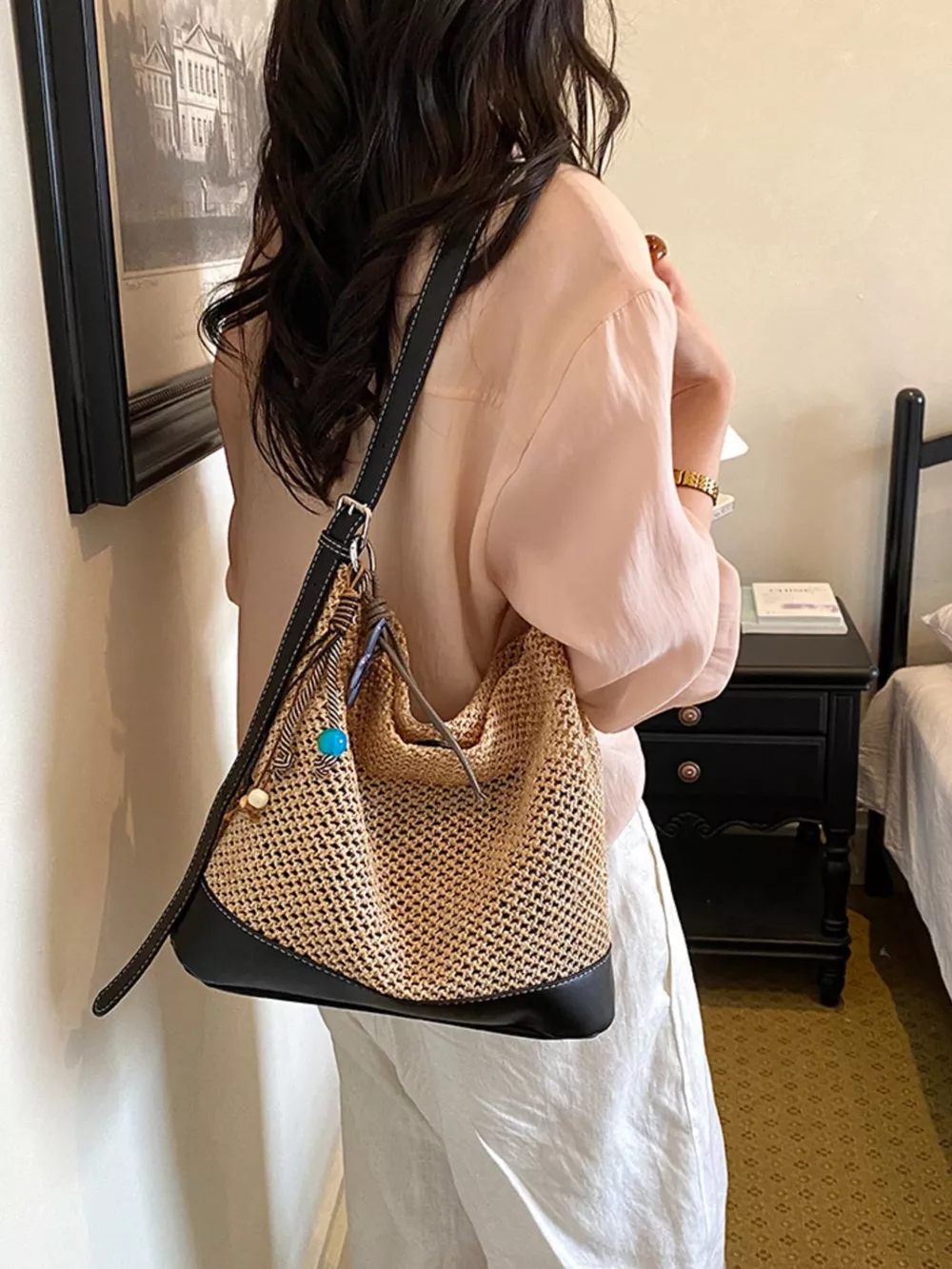 Leather Trim Woven Shoulder Bag, image 7