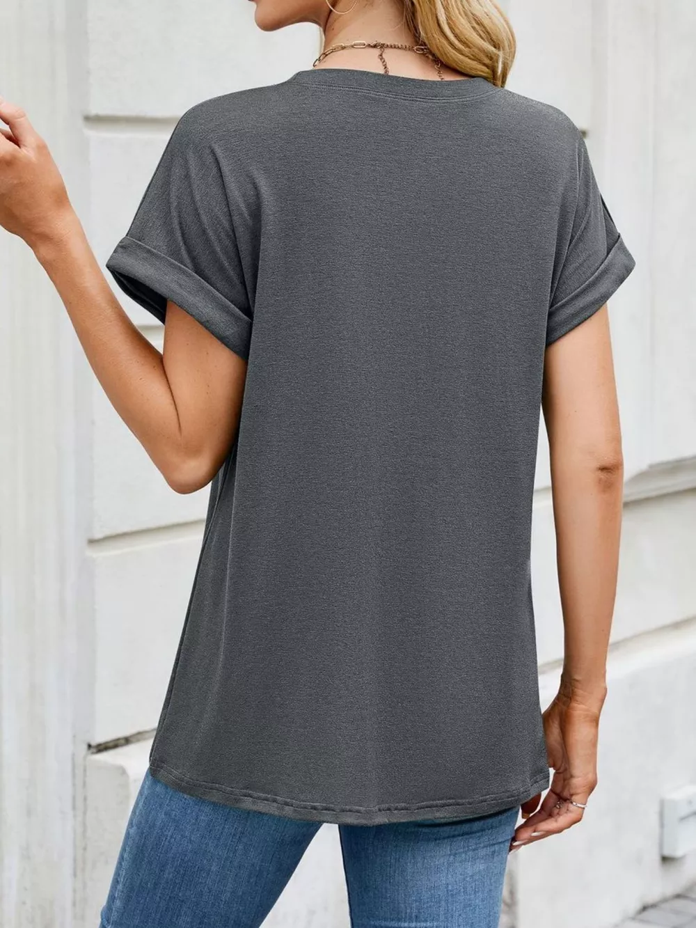 Casual Rolled Sleeve Solid Color T-Shirt, image 8