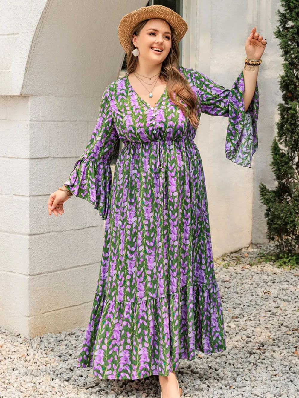 Plus Size Printed V-Neck Long Sleeve Maxi Dress, image 3