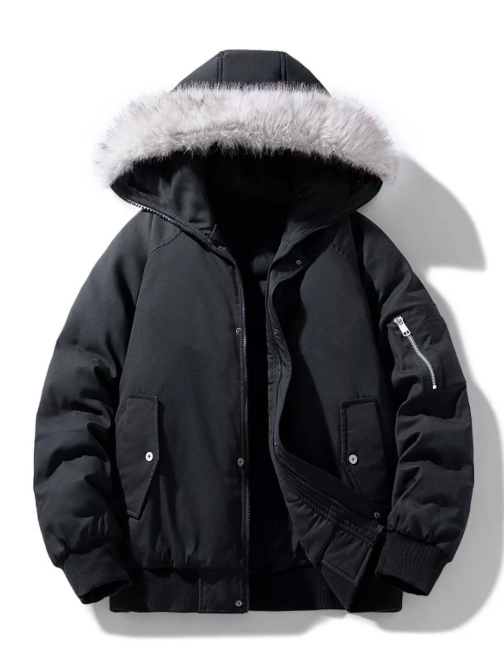 Men's Plus Size Faux Fur Hooded Padded Bomber Jacket, image 5