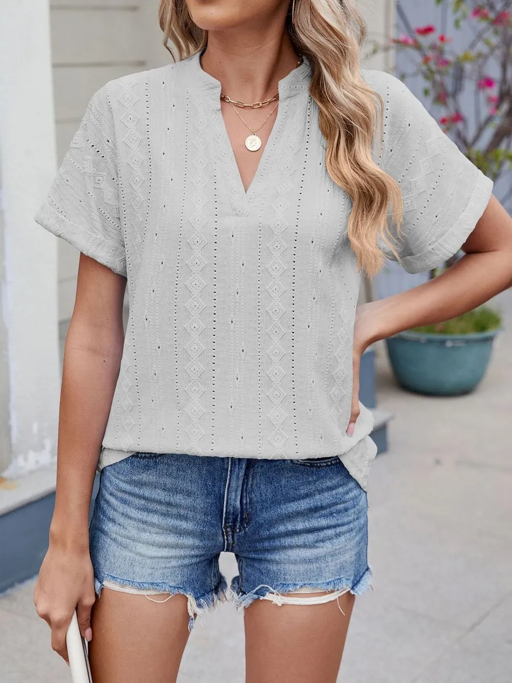 Eyelet Notched Short Sleeve Top, image 9