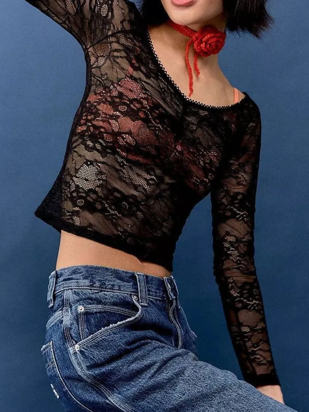 Lace Sheer Long Sleeve T-Shirt, image 2