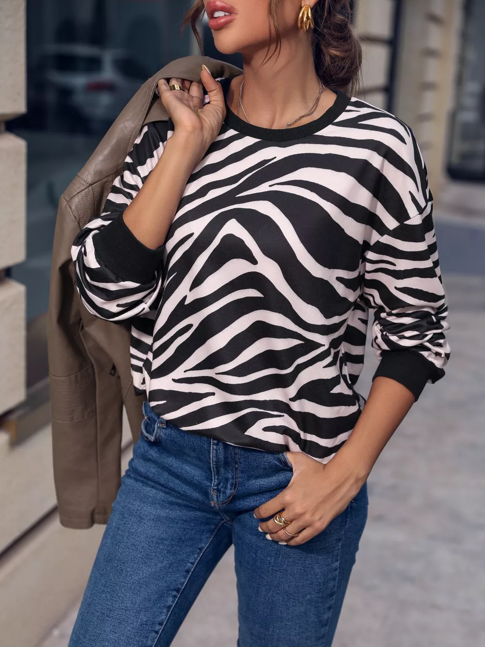 Zebra Print Round Neck Casual Sweatshirt, image 4