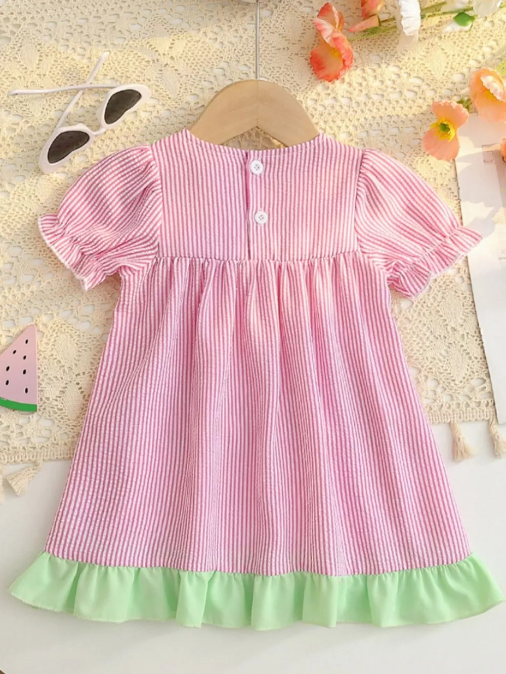 Children's Fruit Embroidered Striped Short Sleeve Dress, image 5