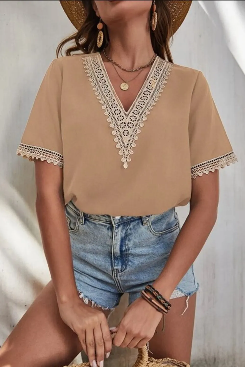 Full Size Lace Detail V-Neck Short Sleeve Blouse Plus Size, image 4