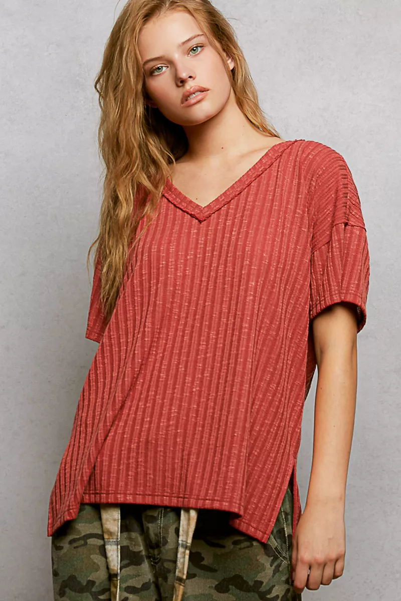 Ribbed Knit V-Neck Short Sleeve T-Shirt with Side Slit, image 2