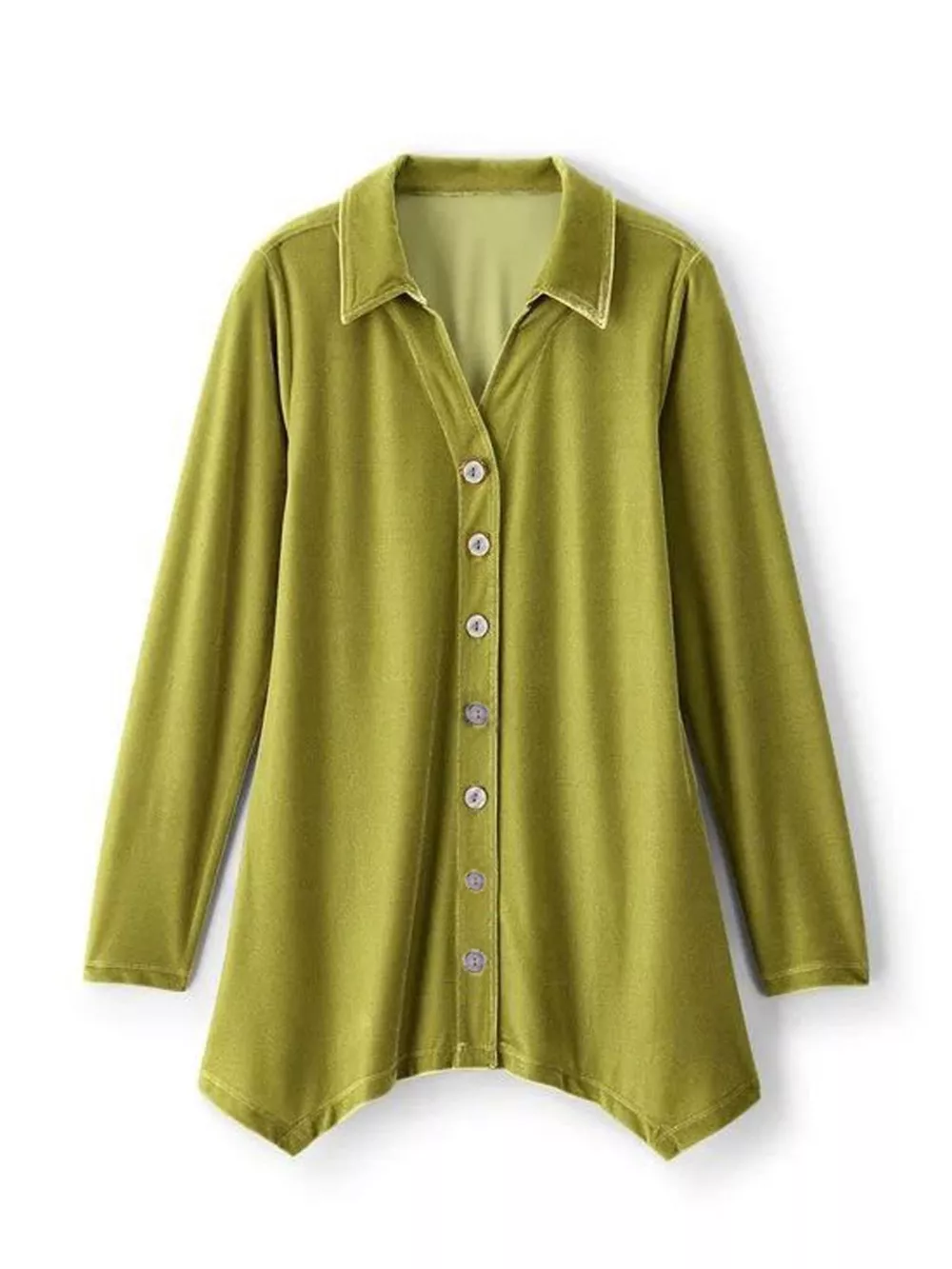Velvet Button-Down Long Sleeve Shirt with Asymmetrical Hemline, image 4