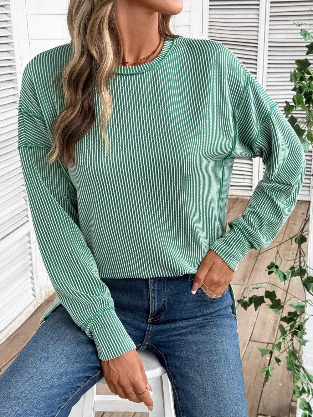 Side Slit Round Neck Sweatshirt, image 5