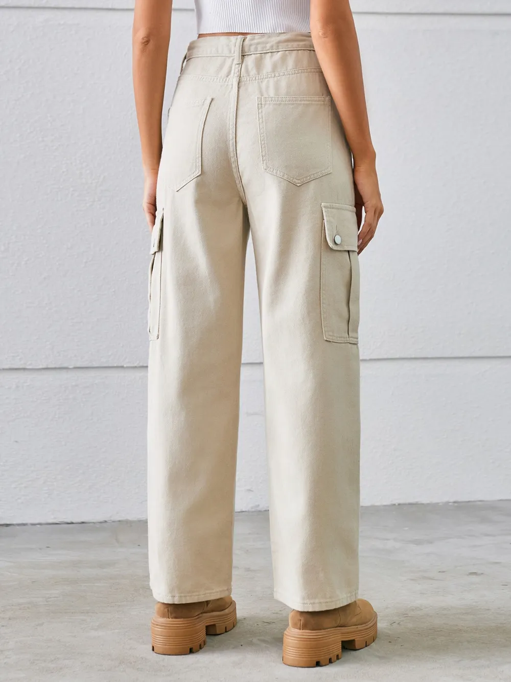 Drawstring Mid-Rise Waist Straight Cargo Jeans, image 4