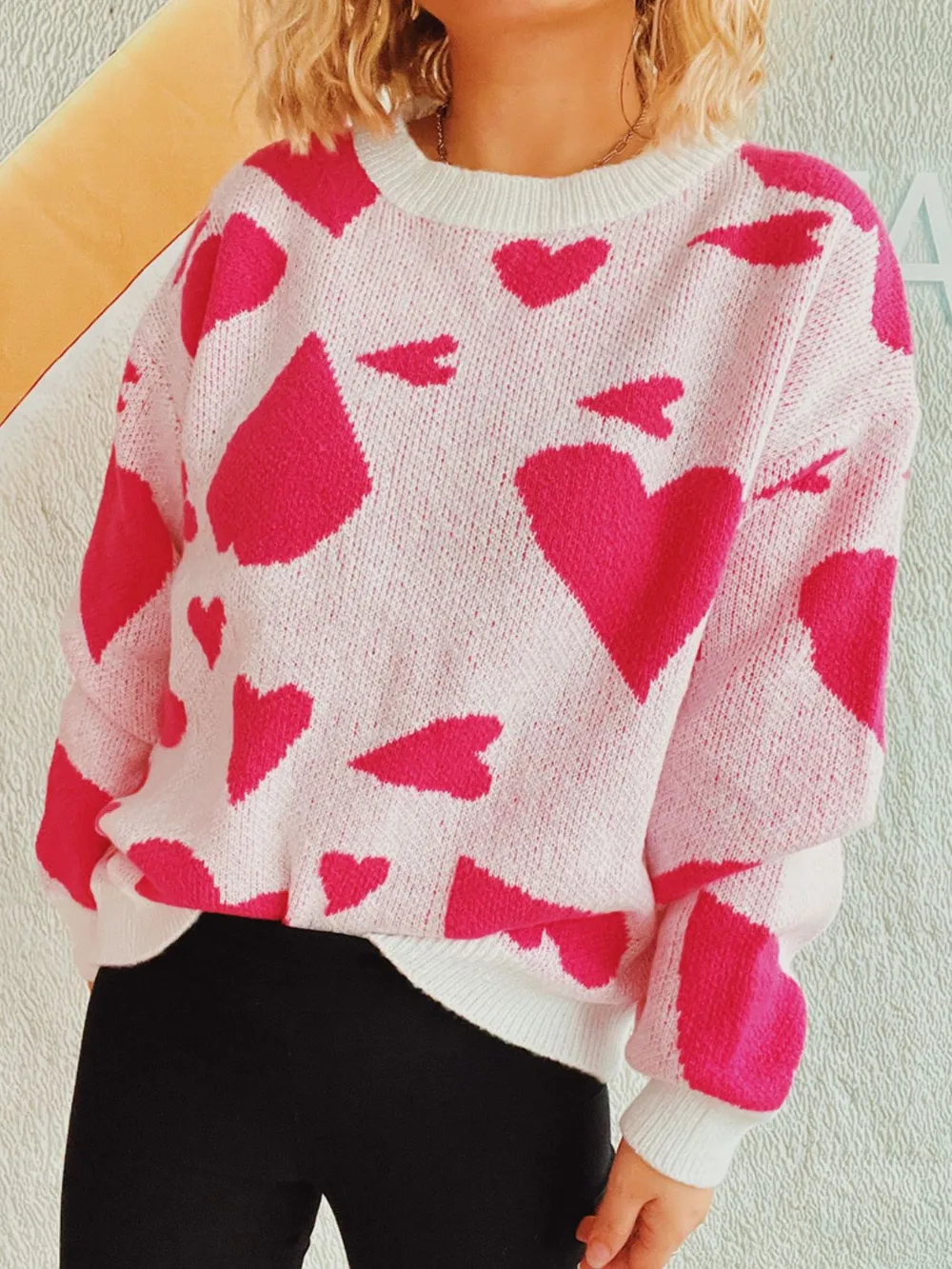 Heart Round Neck Long Sleeve Sweater, image 5