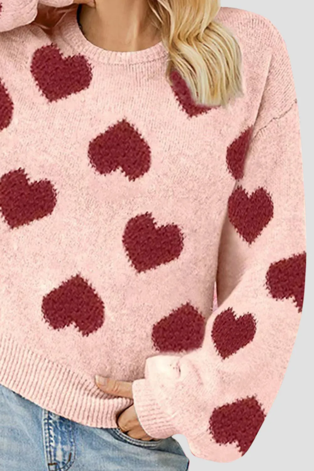 Heart Round Neck Dropped Shoulder Sweater, image 4