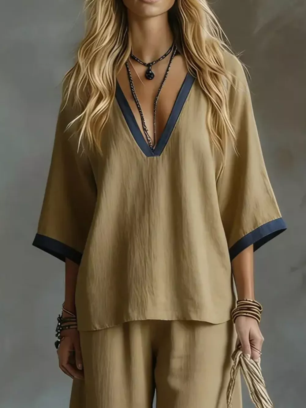 Contrast Trim V-Neck Top and Pants Set, image 6
