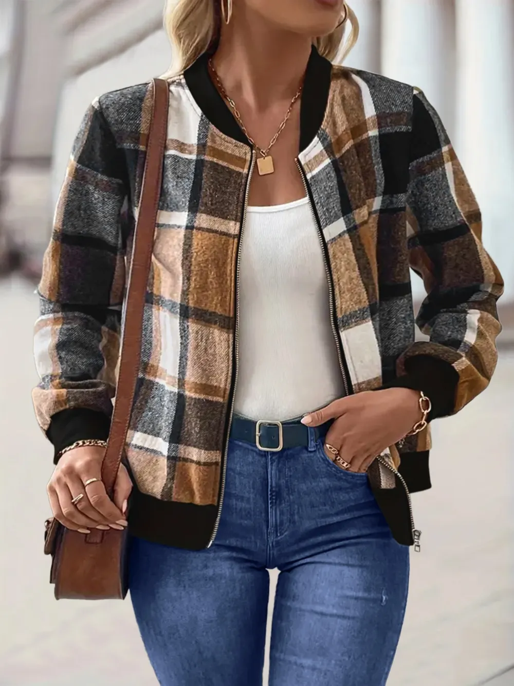 Plus Size Plaid Baseball Collar Zip Up Jacket, image 3