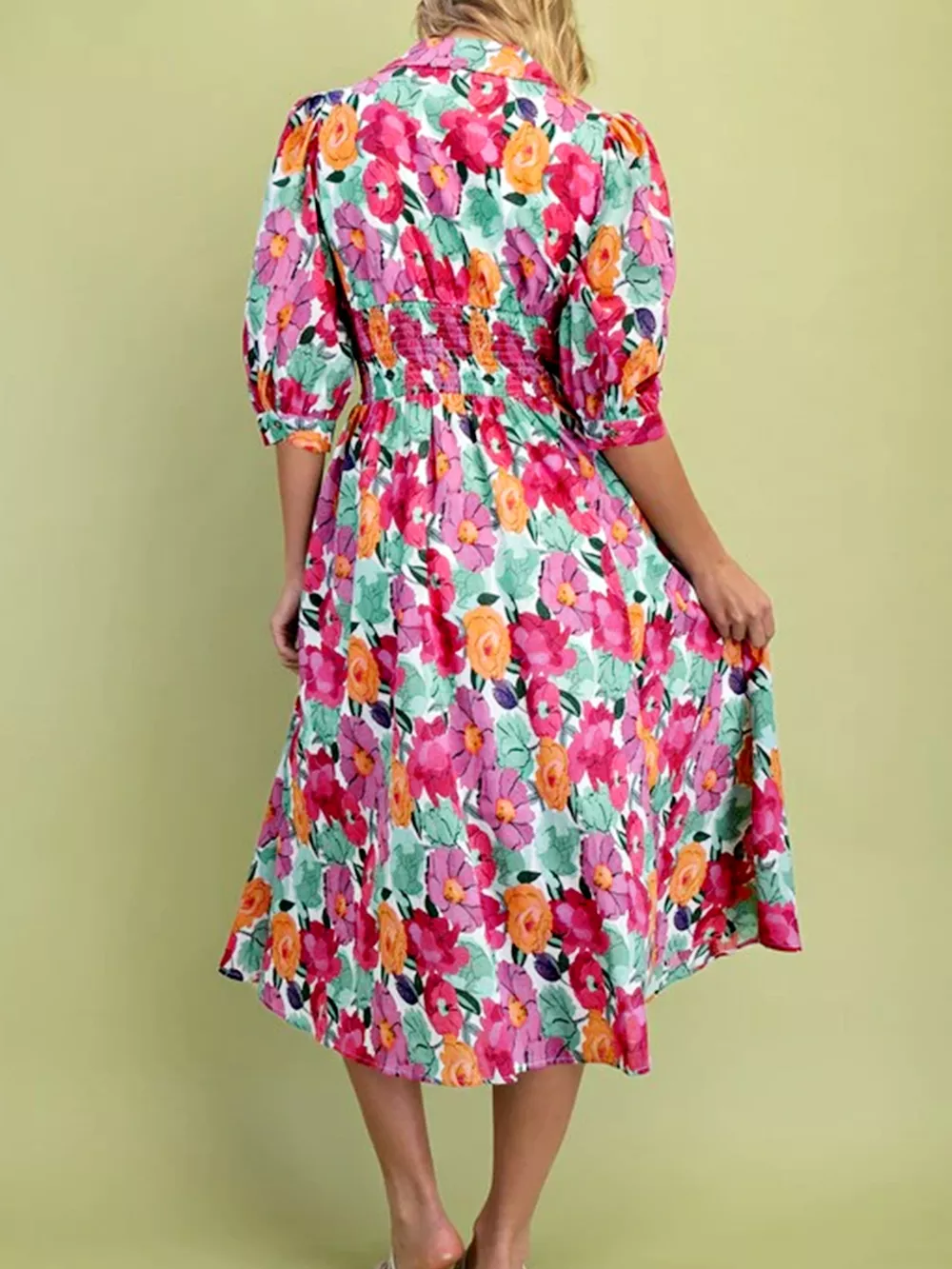Vibrant Floral Print V Neck Zip Up Puffy Half Sleeve Dress, image 2