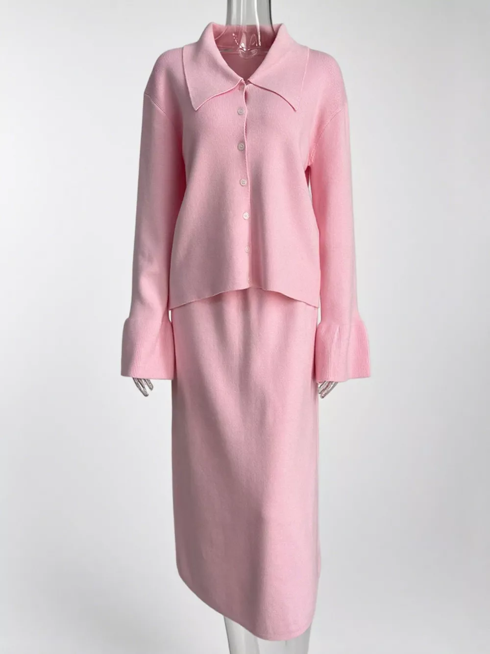 Button Down Long Sleeve Cardigan and Skirt Knit Set, image 16