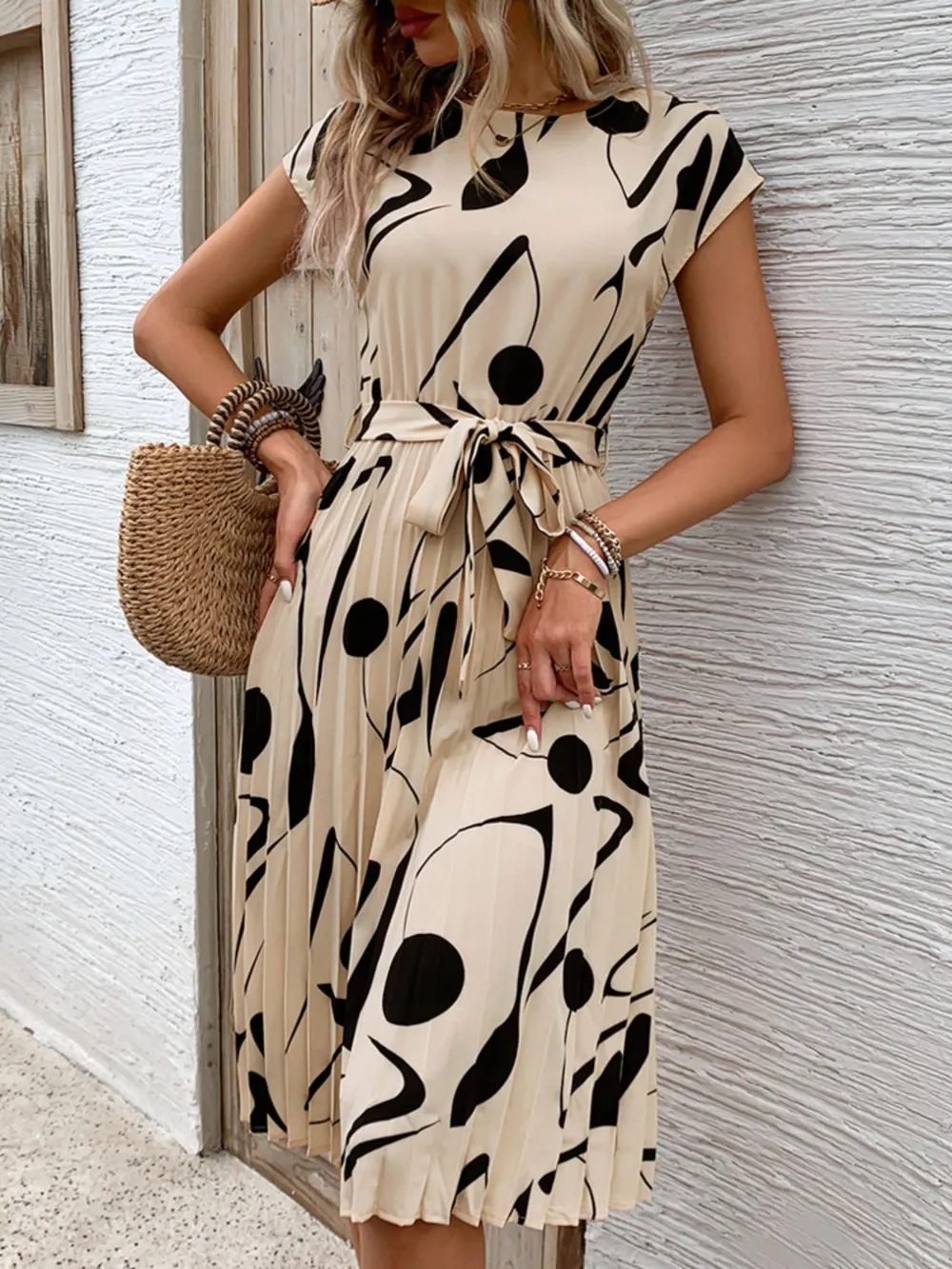 Tied Pleated Printed Cap Sleeve Dress, image 6