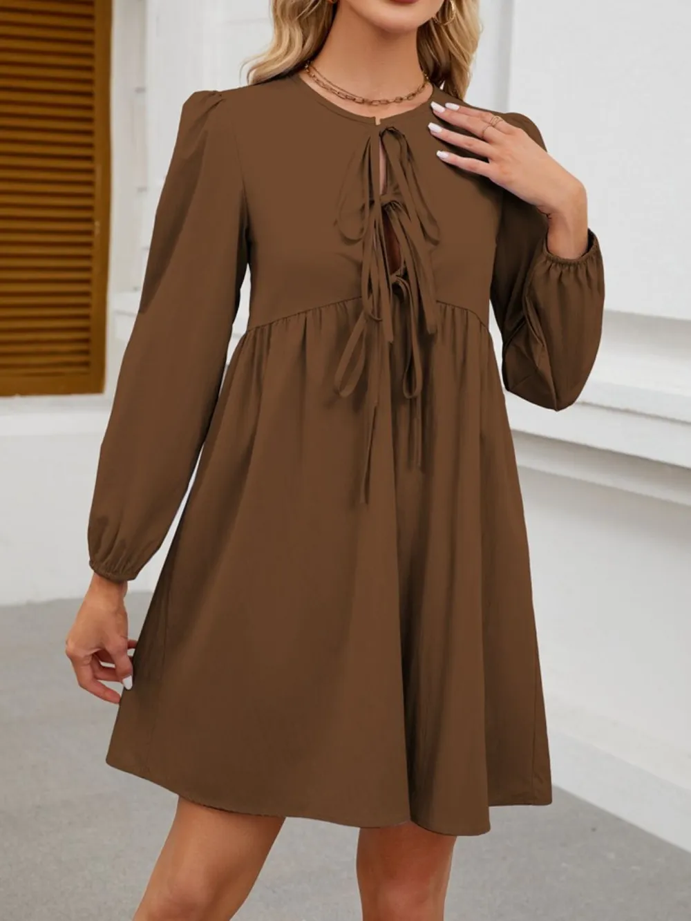 Tie Front Long Sleeve Mini Dress