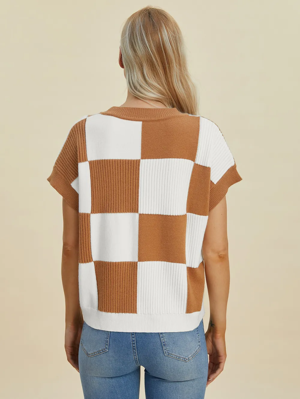 Full Size Checkered Round Neck Short Sleeve Sweater, image 8
