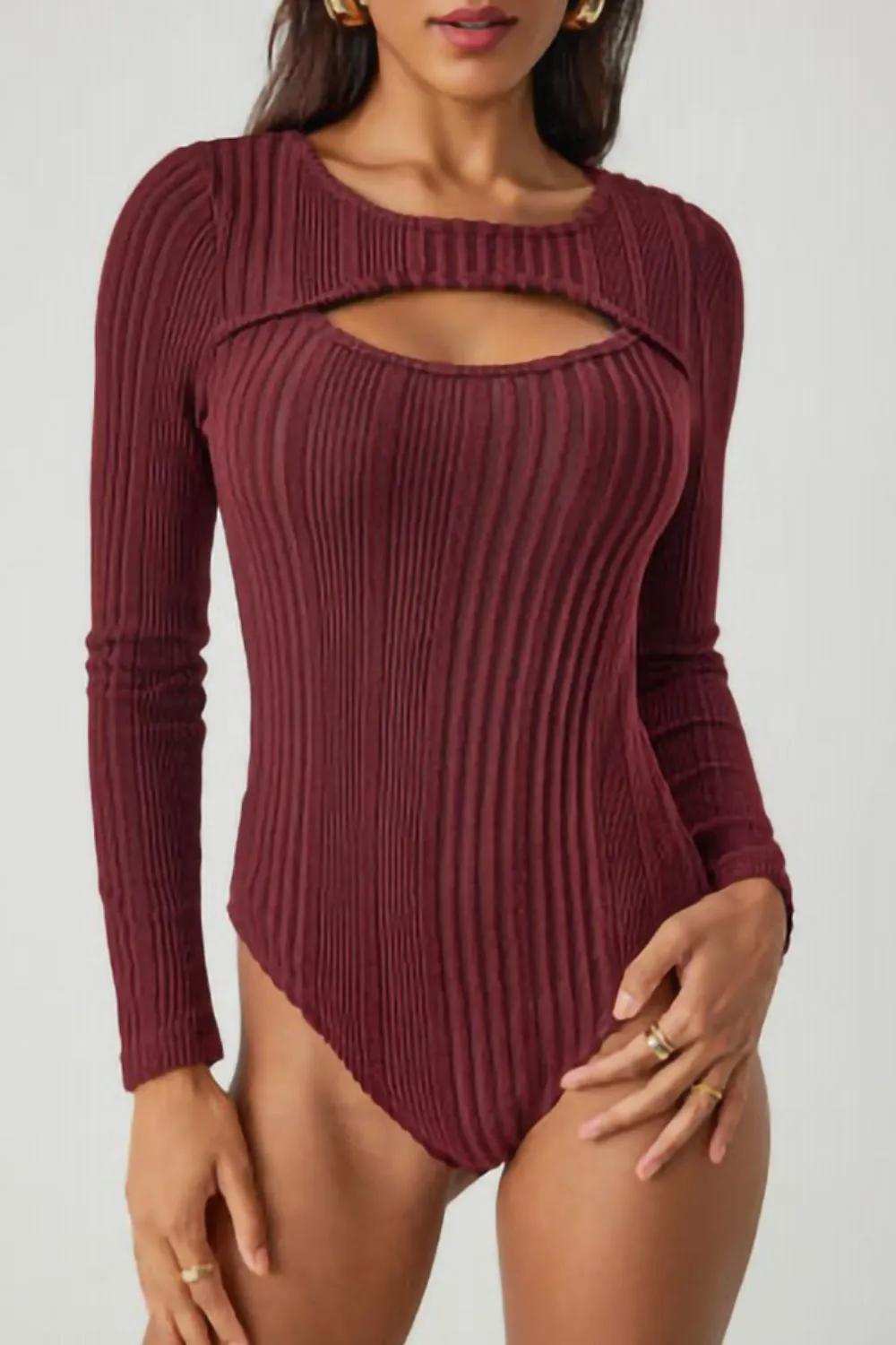 Ribbed Cutout Round Neck Bodysuit, image 5