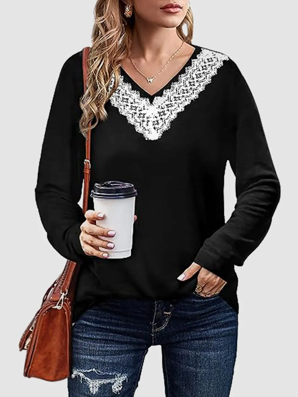 Lace Detail V-Neck Long Sleeve T-Shirt, image 14