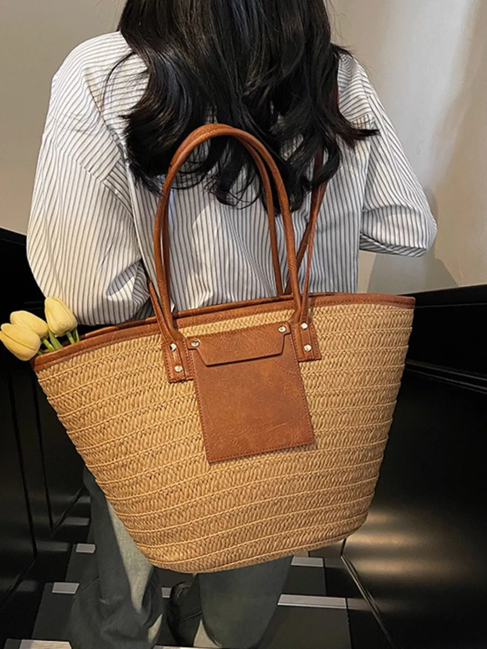 Straw Woven Shoulder Bag with Leather Accents, image 7