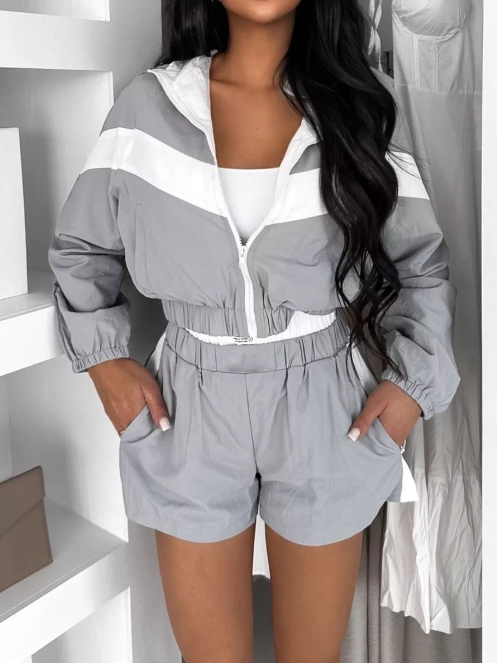 Color Block Zip-Up Jacket and Shorts Two-Piece Set, image 9