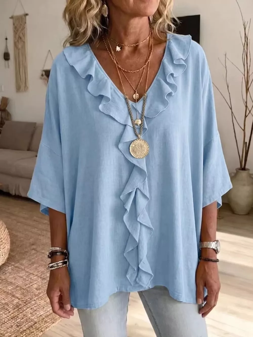 Full Size Ruffle V-Neck 3/4 Sleeve Blouse Plus Size, image 5