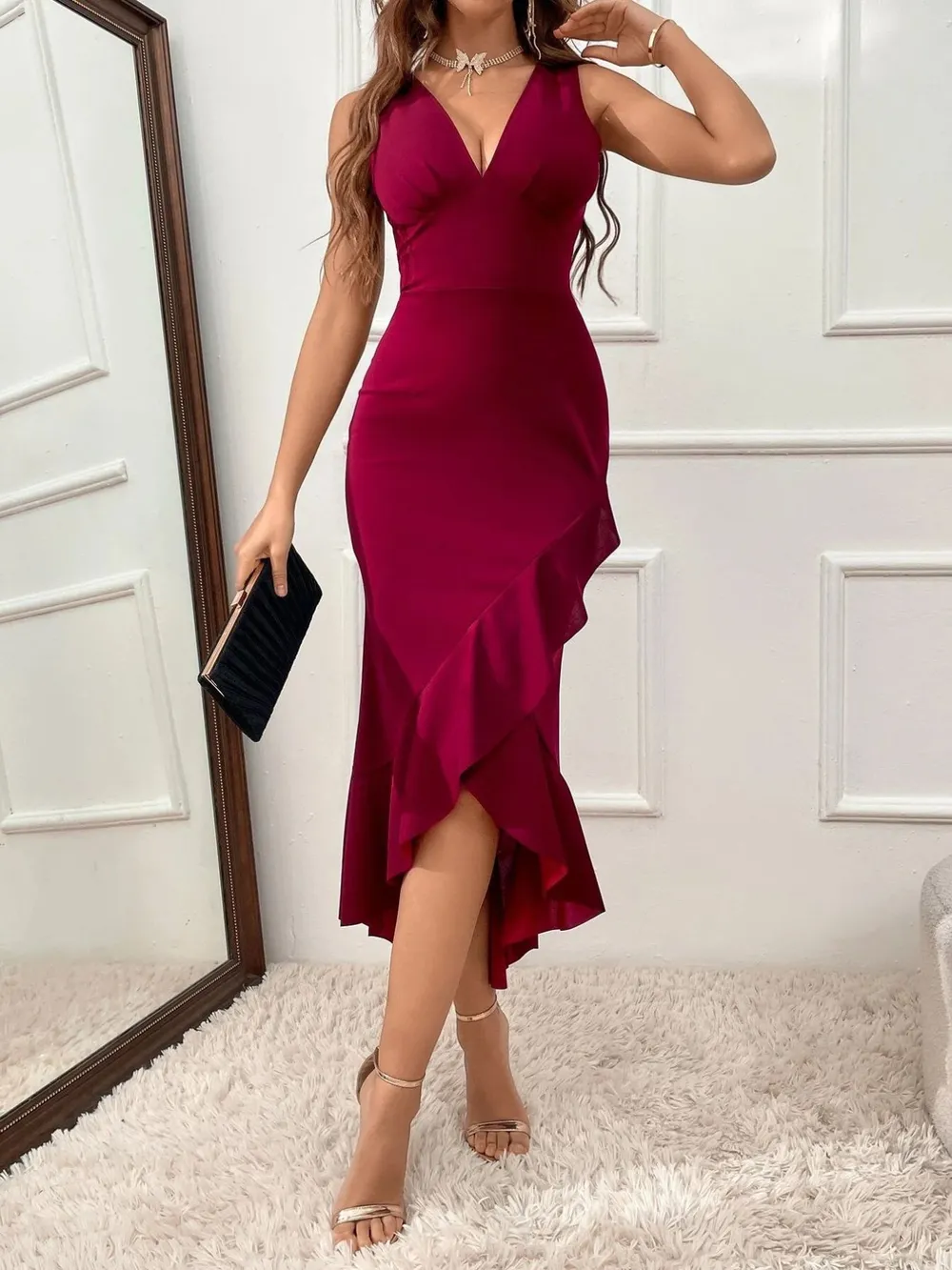 Ruffle Hem V-Neck Bodycon Dress, image 4