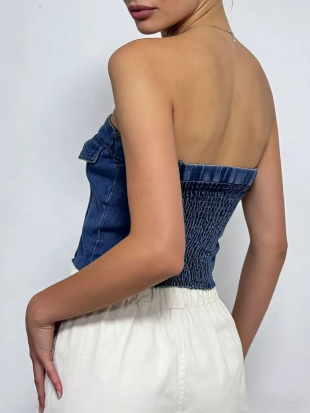 Button Front Denim Tube Top, image 3