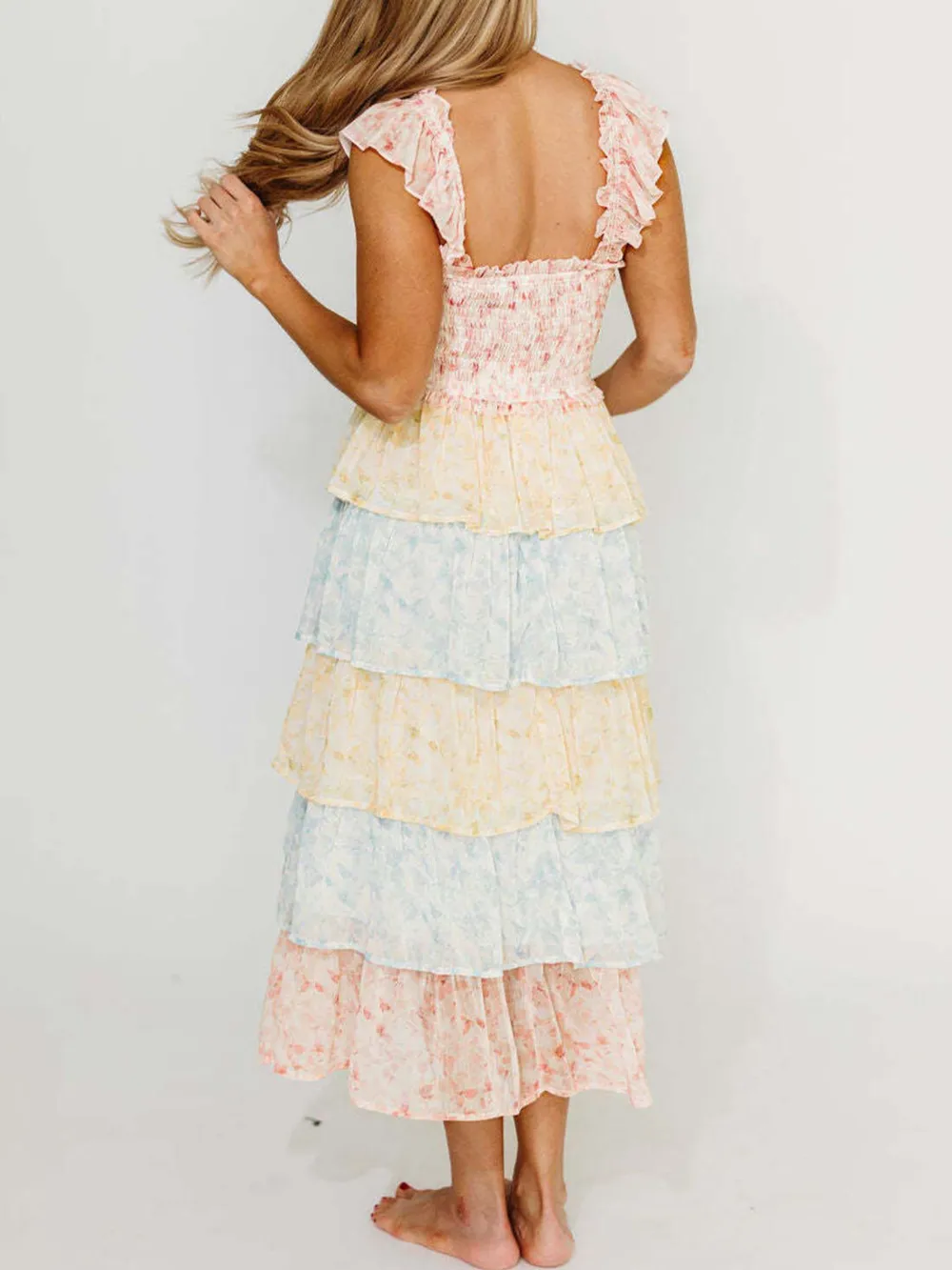 Smocked Ruffle Layered Floral Midi Dress, image 3
