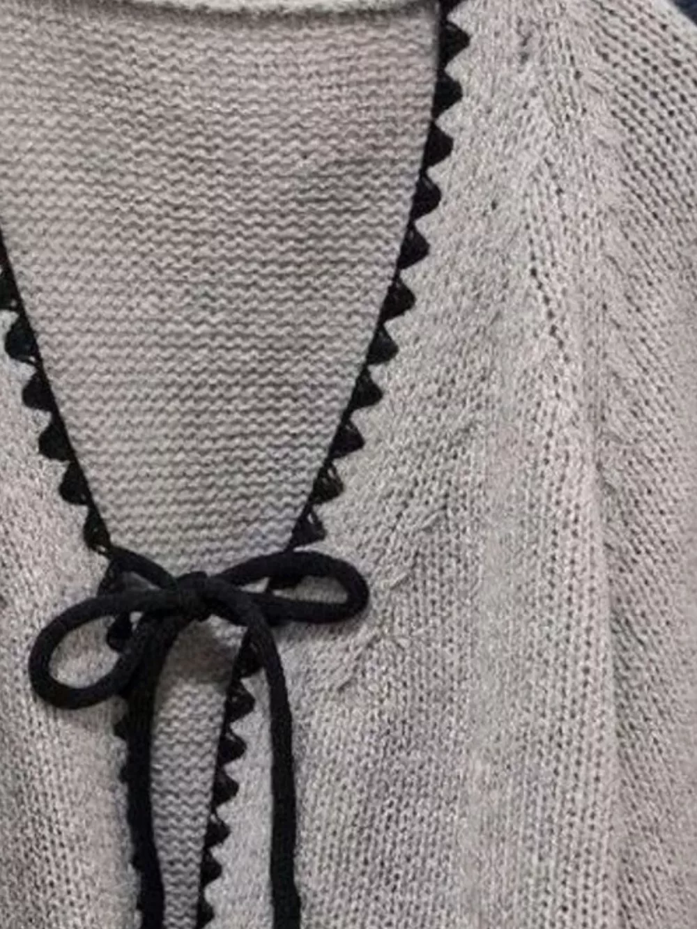 Full Size Chic Tie-Front Contrast-Trim Cardigan Plus Size, image 4