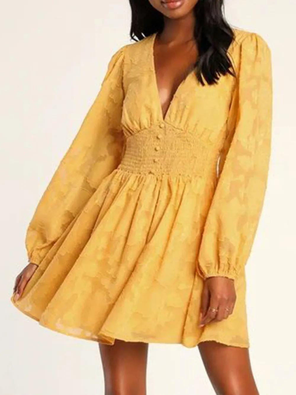 Smocked V-Neck Balloon Sleeve Dress, image 10