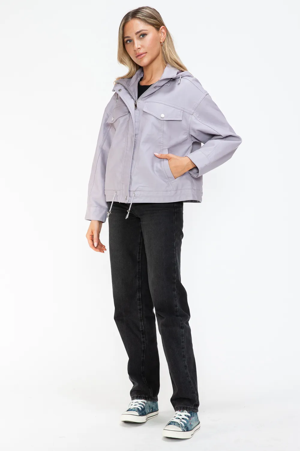 Drawstring Hem PU Leather Zip Up Jacket, image 19
