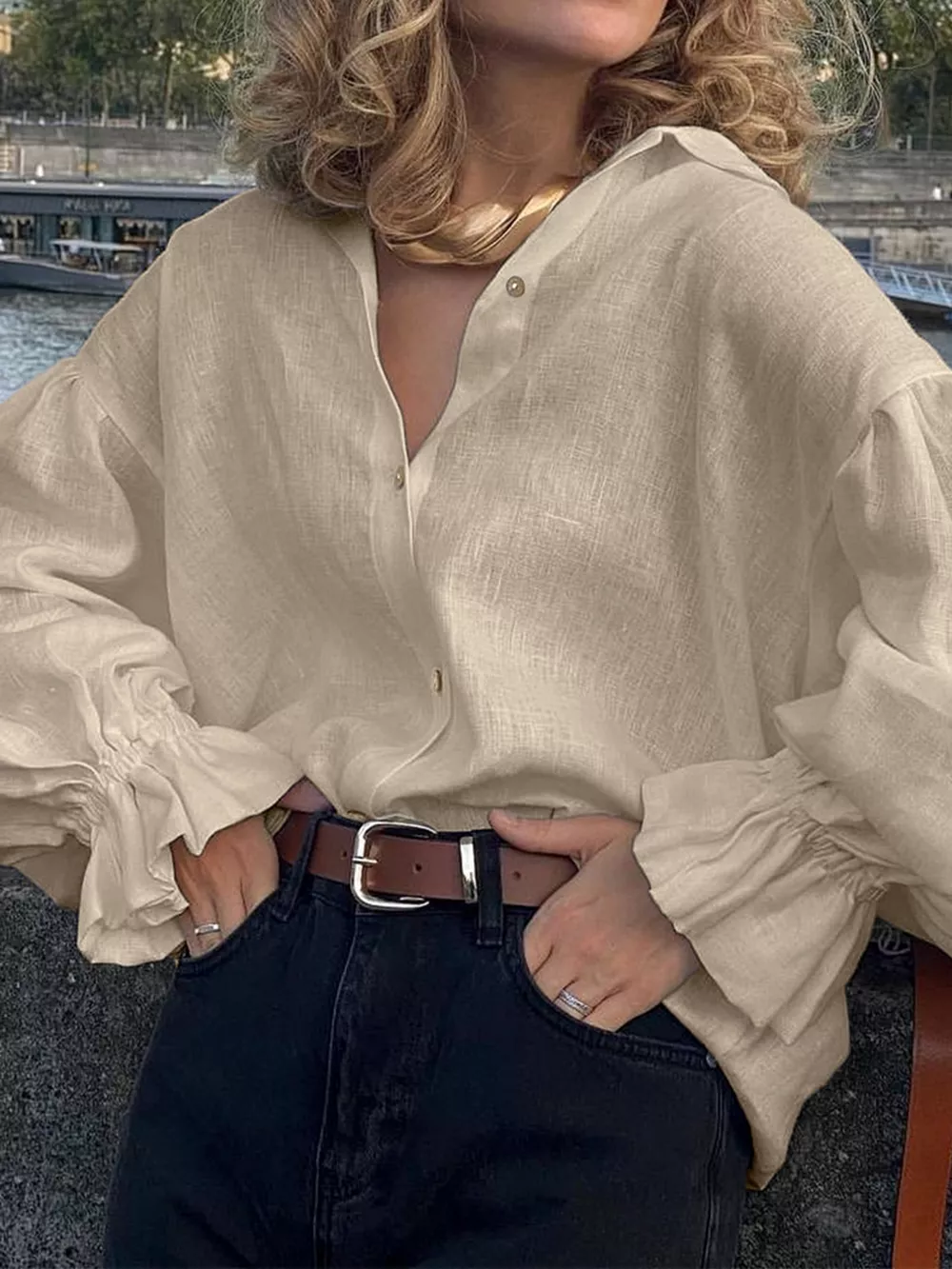 Button-Down Flounce Sleeve Shirt, image 2