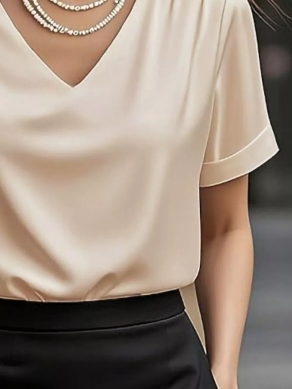 V-Neck Short Sleeve Satin Blouse, image 2