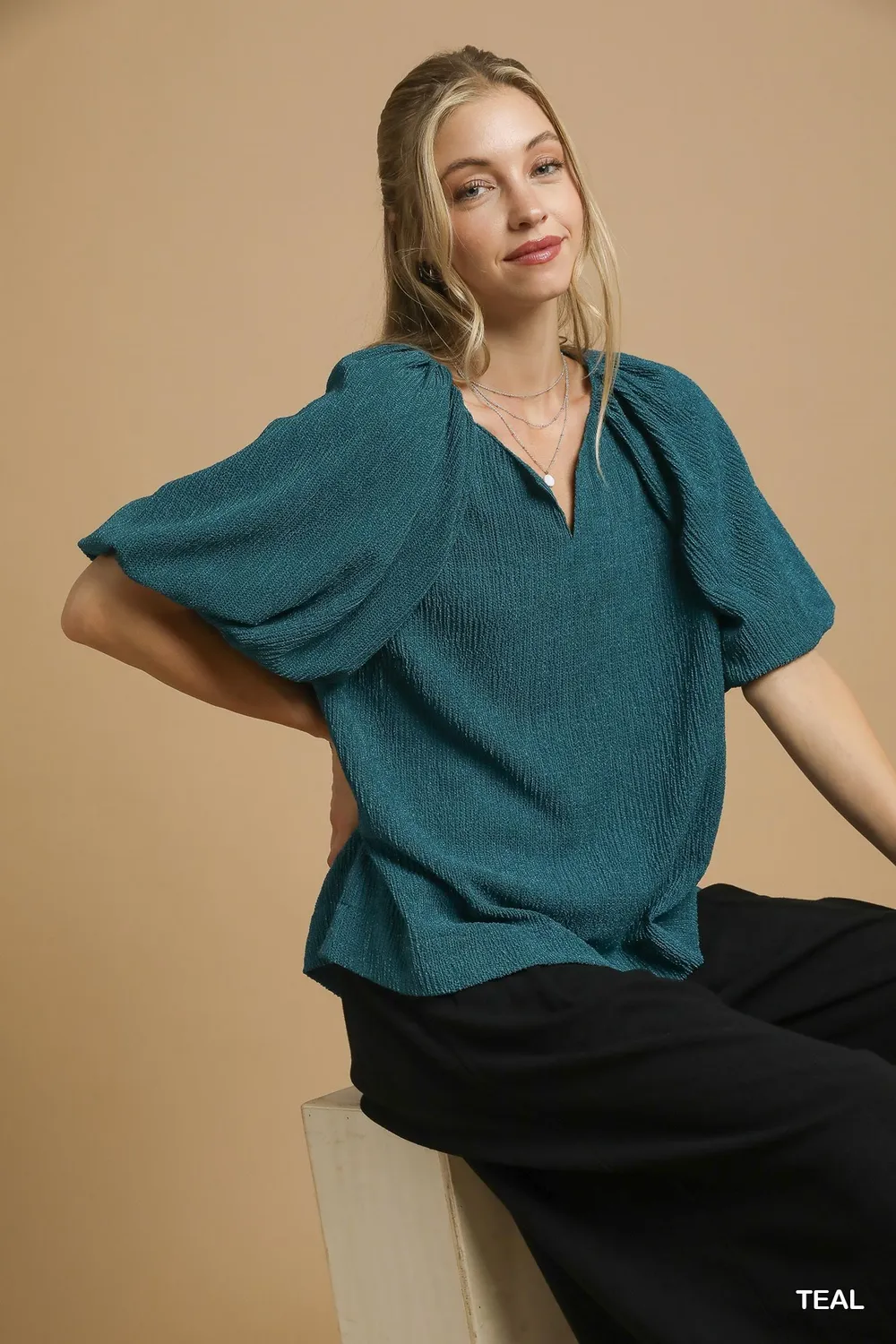 Textured Flutter Sleeve Notch Neck Top, image 2