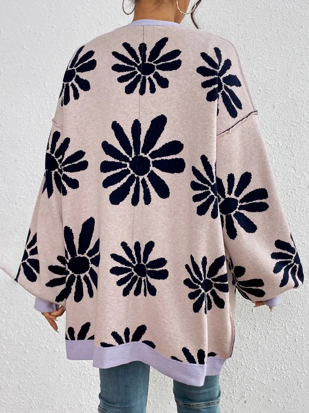 Contrast Dropped Shoulder Long Sleeve Cardigan, image 3