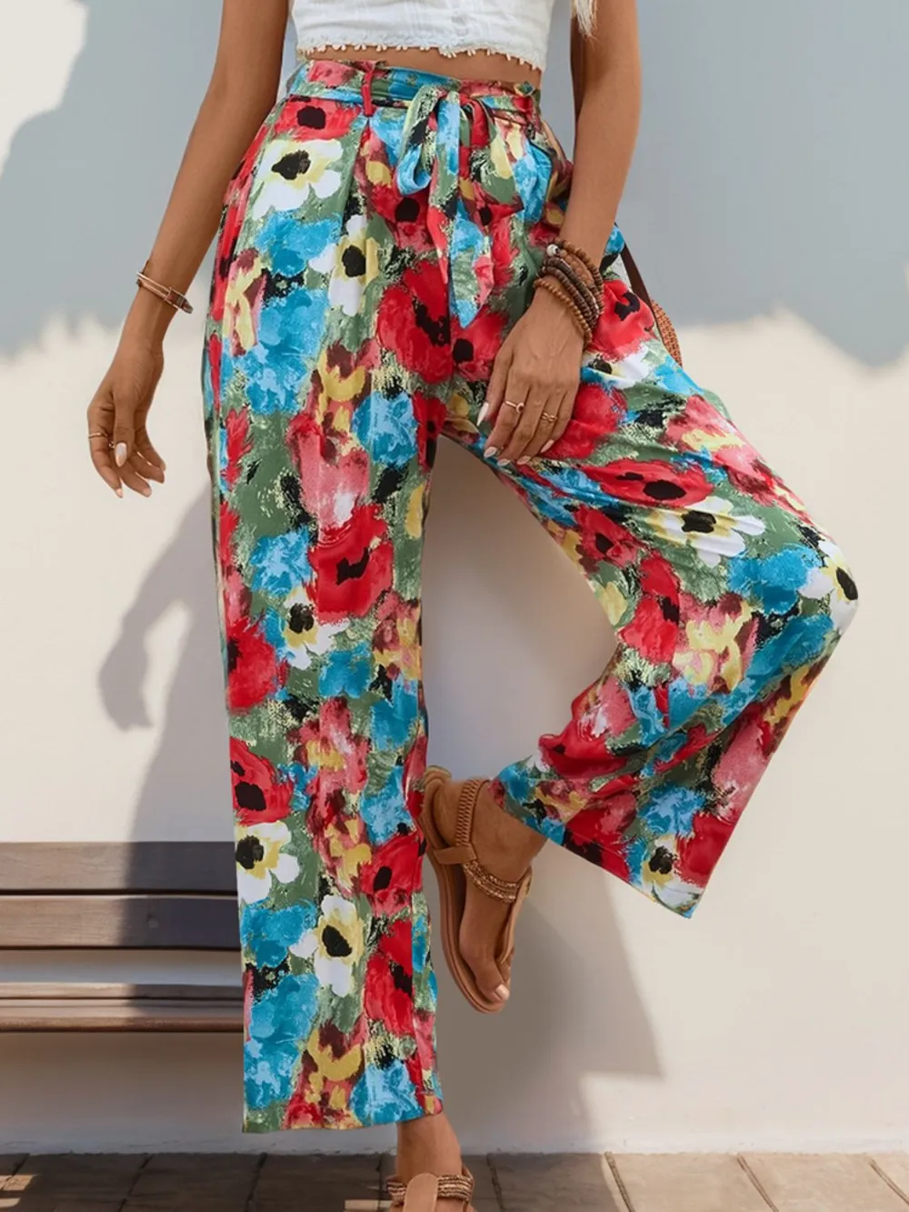 Tied Printed Wide Leg Pants, image 2