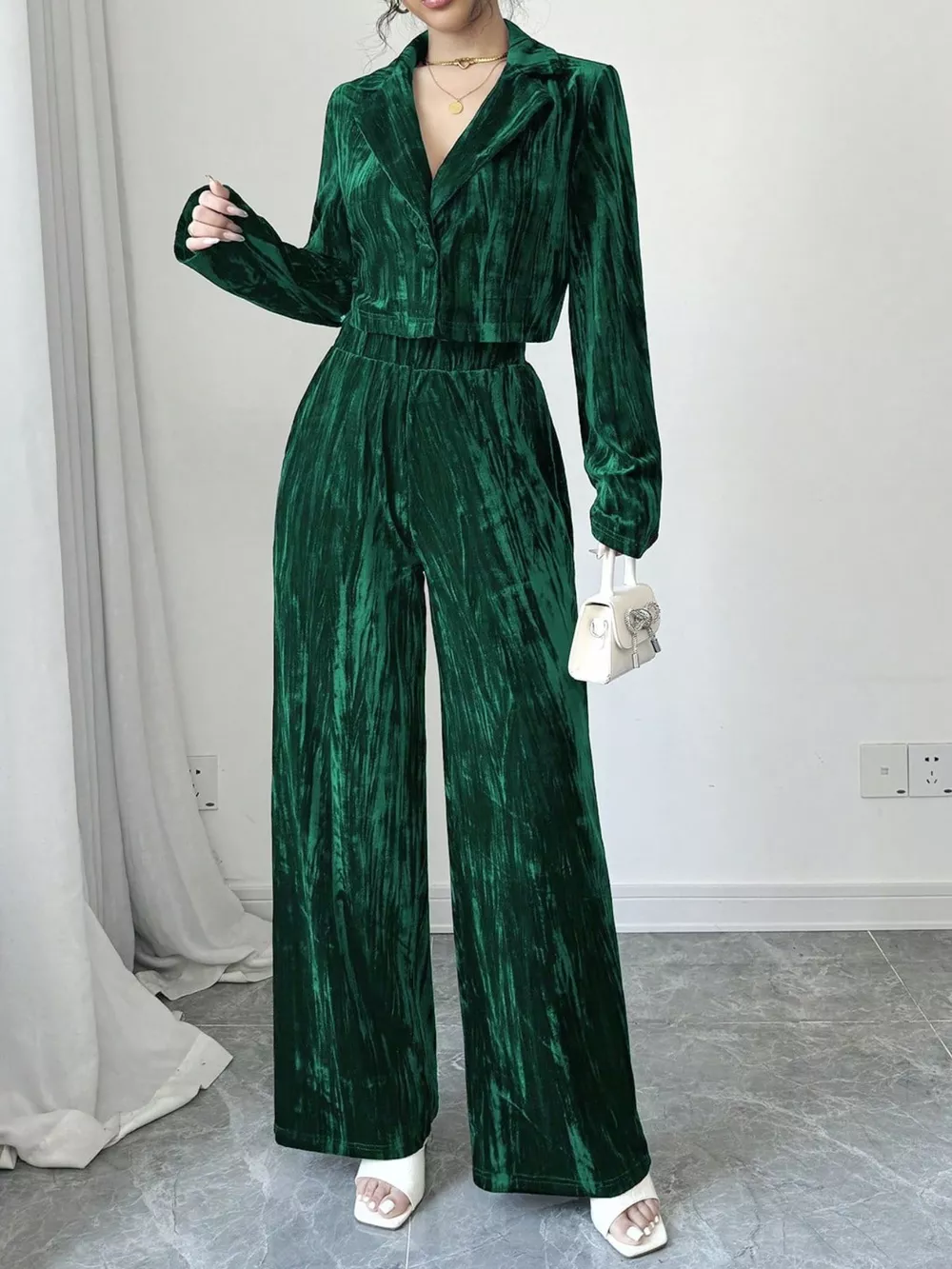 Pleated Velvet Blazer & Wide Leg Pants Set, image 7