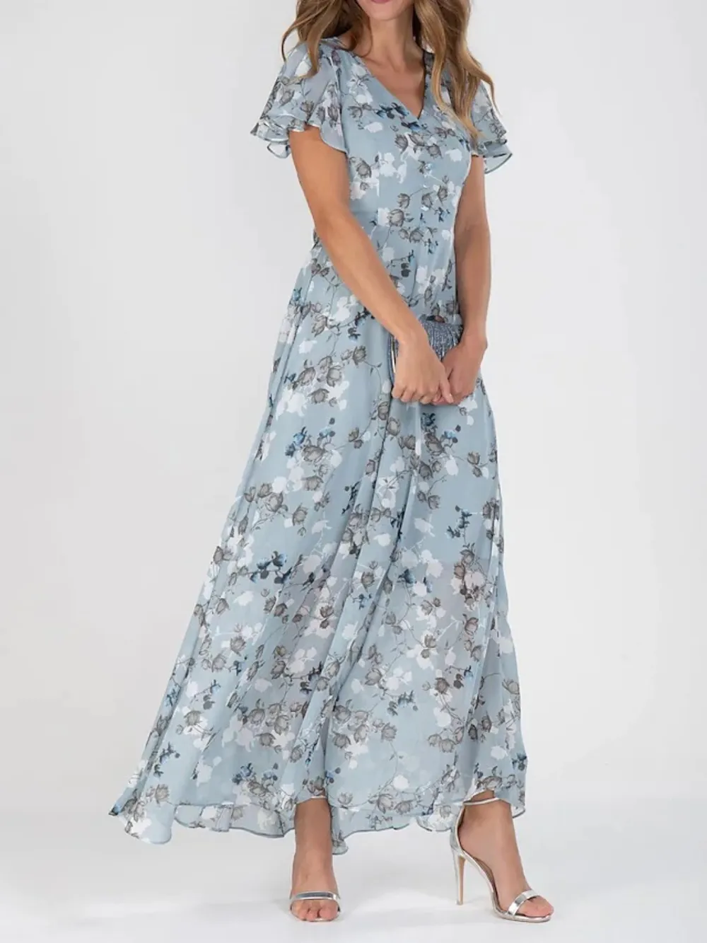 Floral V-Neck Flutter Sleeve Maxi Dress, image 2