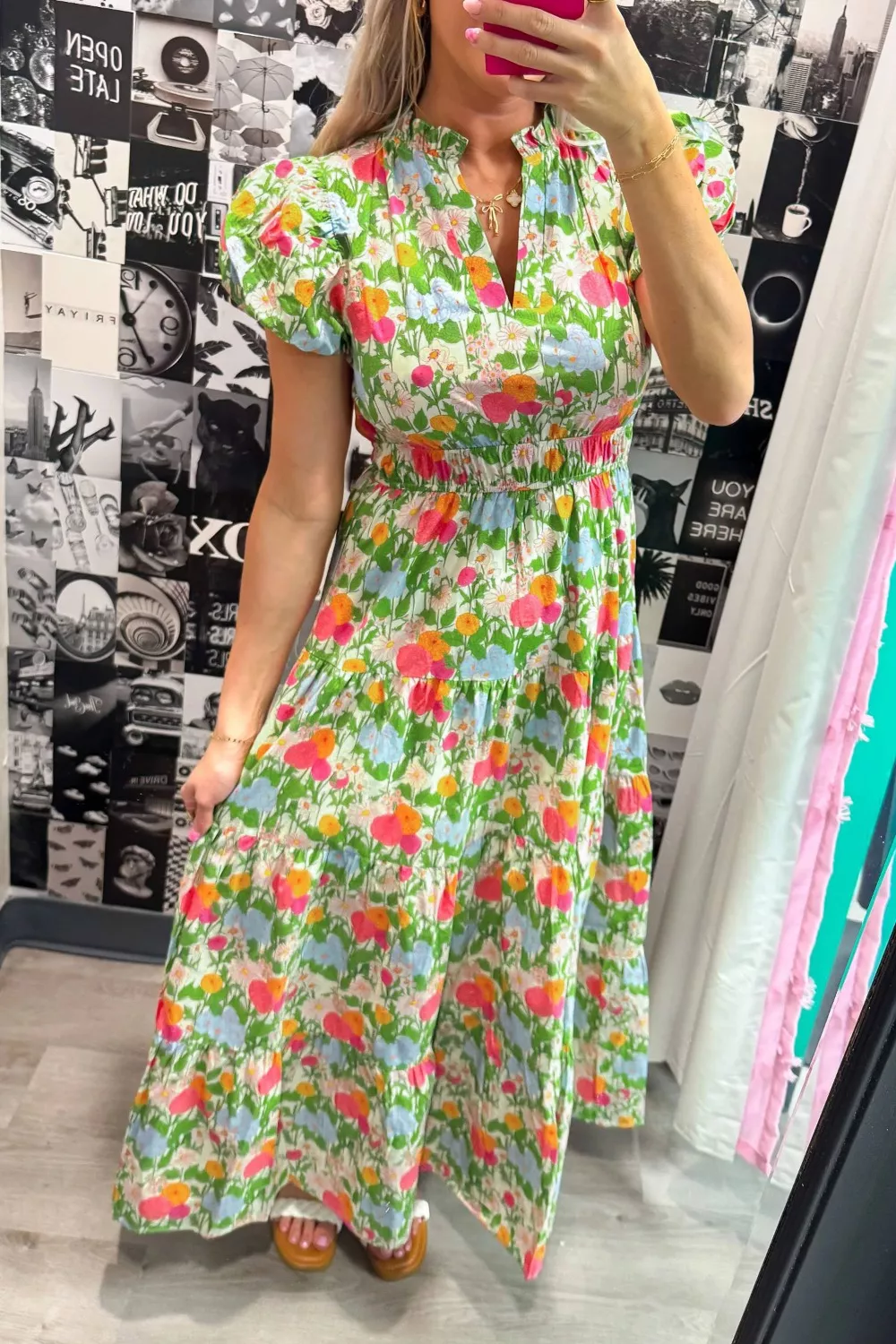 Floral Print V Neck Short Puff Sleeve Cotton Maxi Dress, image 2
