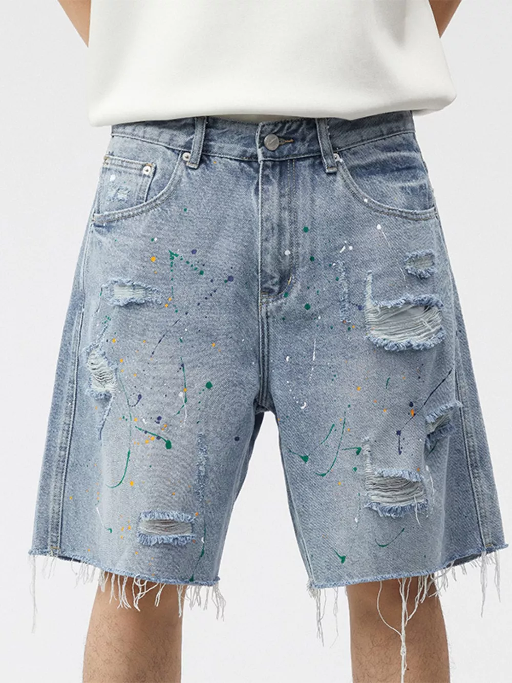 Men's Distressed Paint Splatter Denim Shorts, image 2