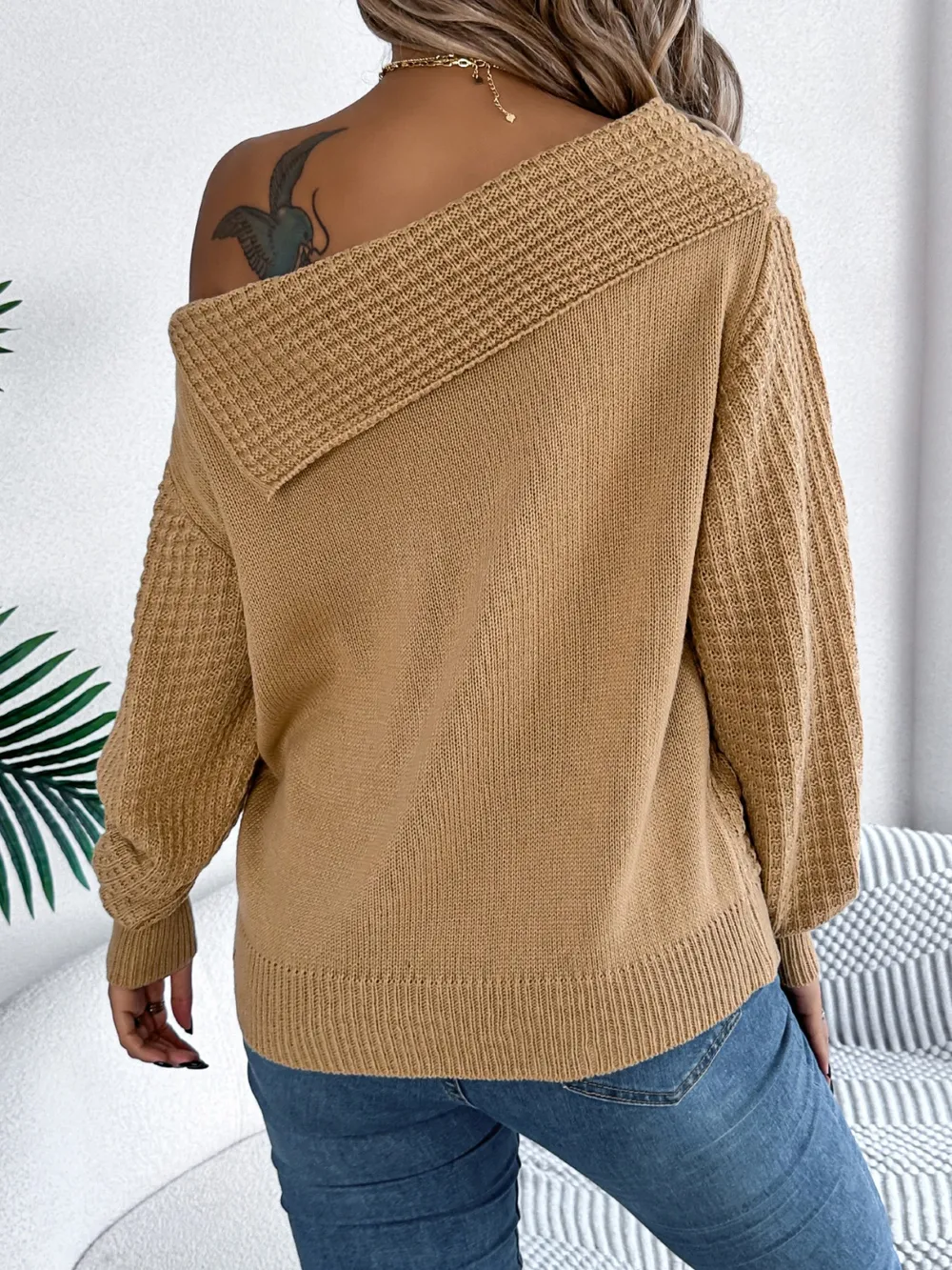 Cable-Knit One Shoulder Long Sleeve Sweater, image 2