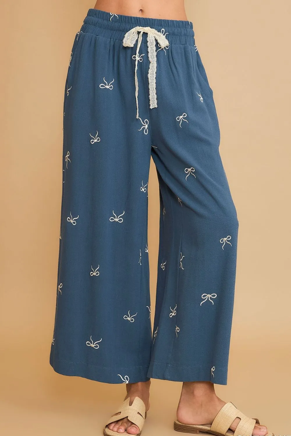 Full Size Lace Drawstring Embroidered Bow Wide Leg Pants Plus Size