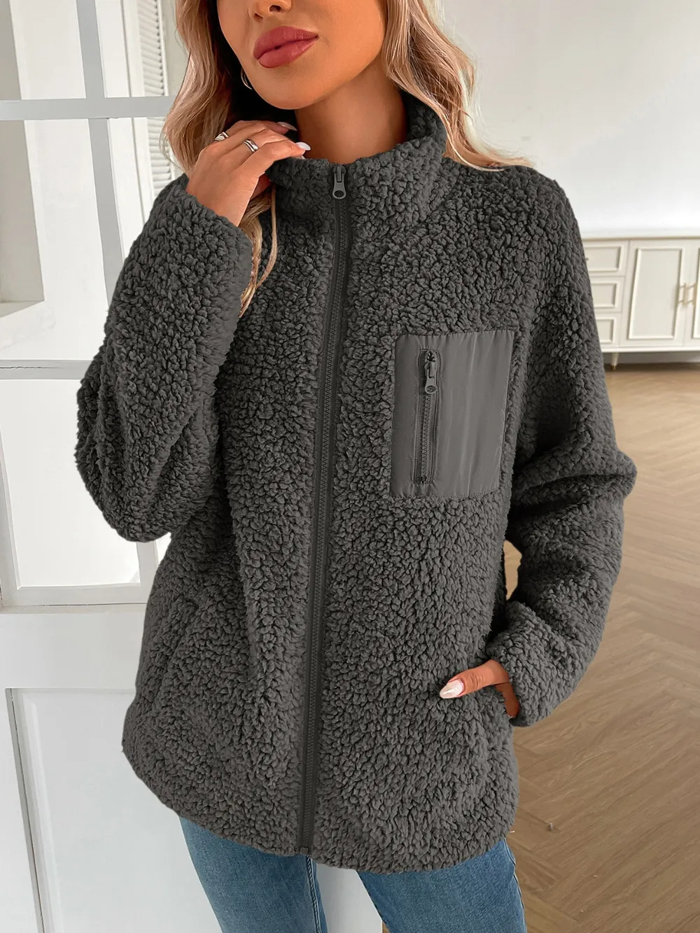 Zip Up Long Sleeve Fuzzy Jacket, image 3